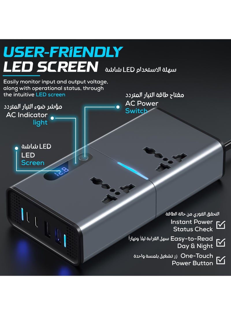 HAMMINER 200W Car Power Inverter DC 12V To 220V AC Car Inverter With 2 USB & 2 Type-C & 2 AC Outlets For Laptop Car Plug Adapter Car Power Inverter Car Charger Fast Charger LED Display Cigarette Lighter Connector, Perfect For Cars, SUVs & Trucks - Image 5